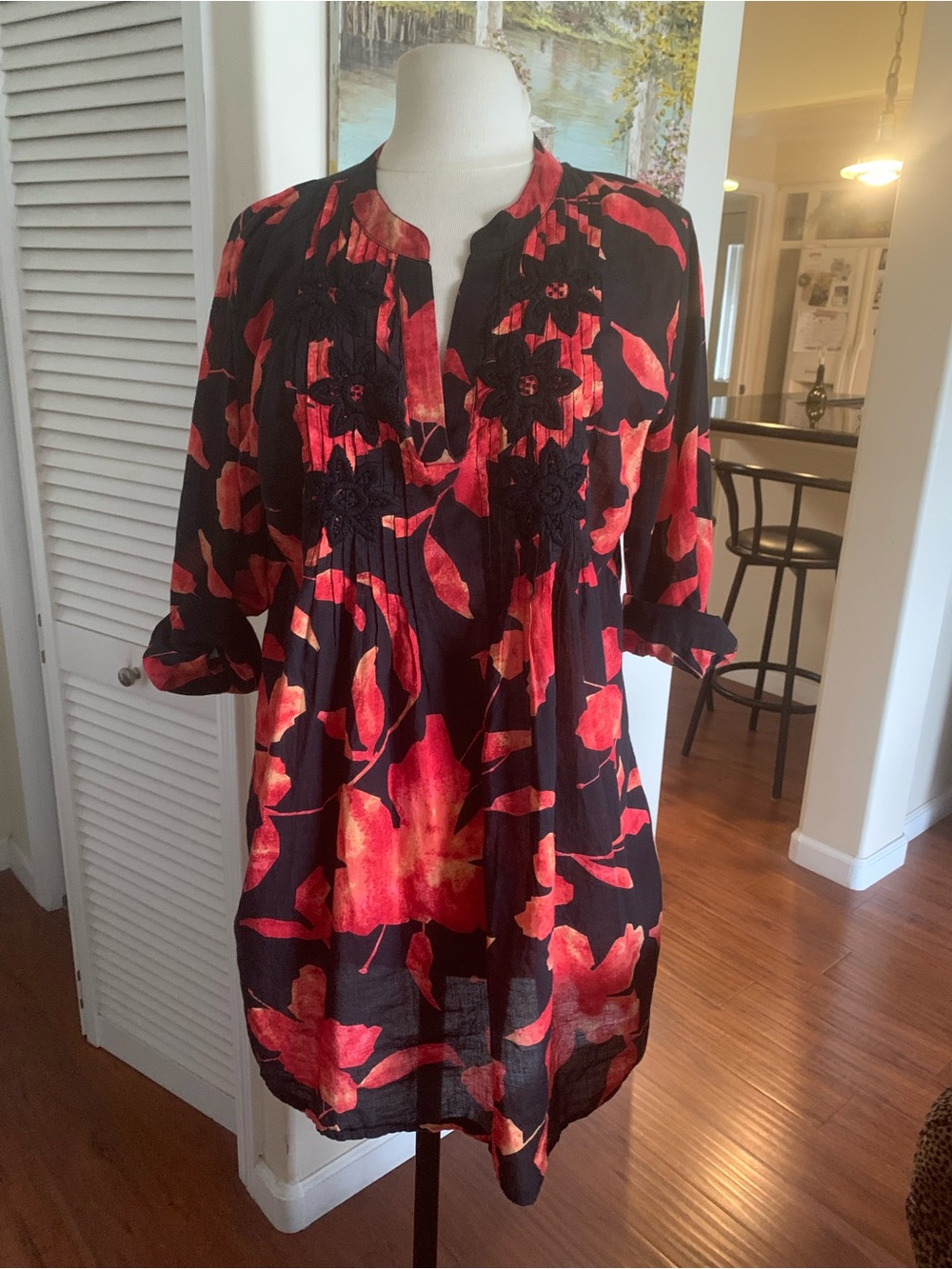 Black Tunic Dress with Red Floral Print, and pleated yoke